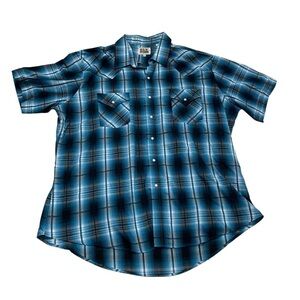 Ely Cattlemen men’s western plaid shirt blue short sleeve pearl snap 2Xl